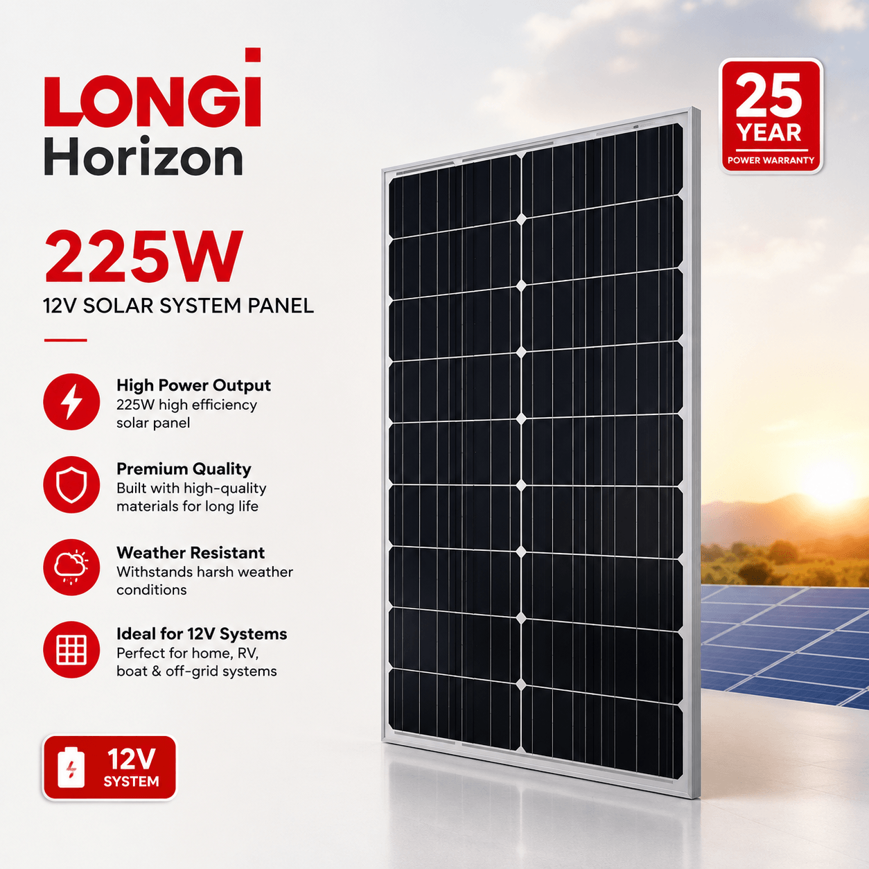 LONGI Horizon 225W, 12V Solar System Panel